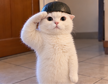 General Whiskers saluting with a salad bowl helmet